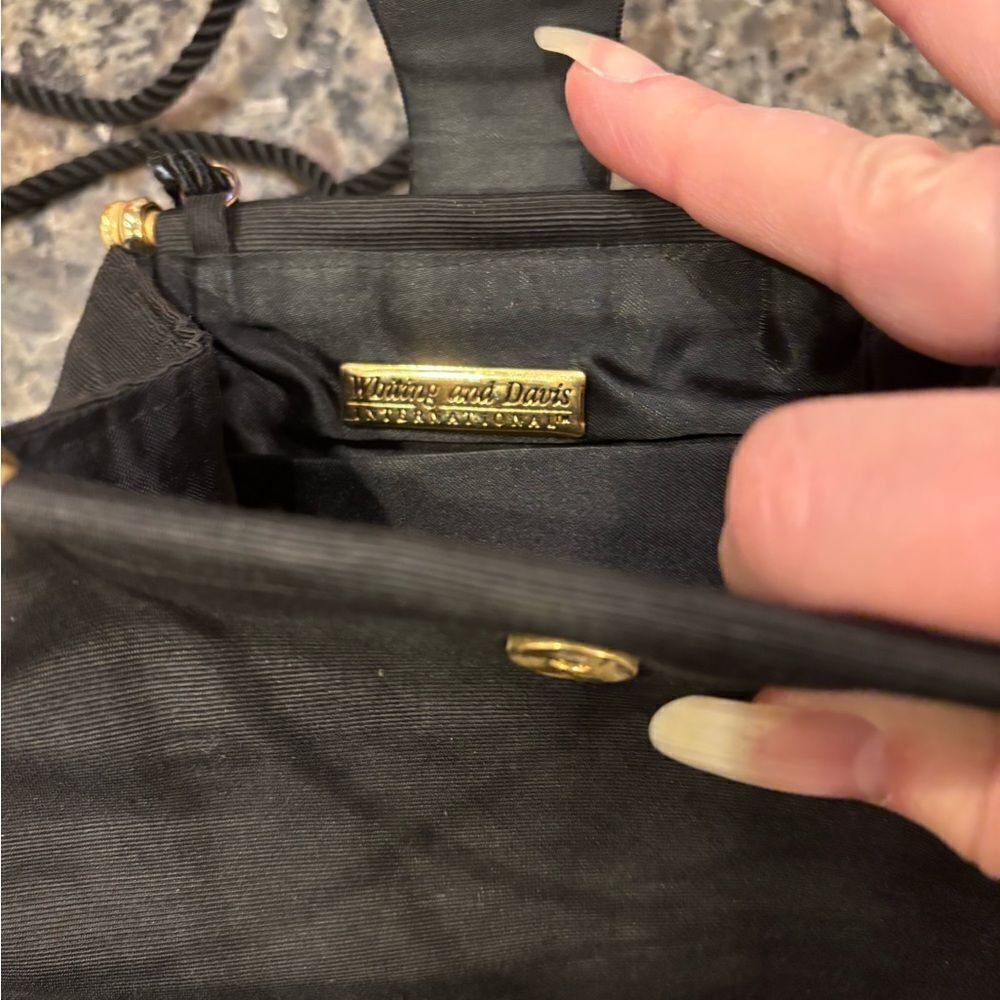 Whiting & Davis Vintage Evening Bag Gold Tone Handles Long Black Strap - Picture 3 of 7